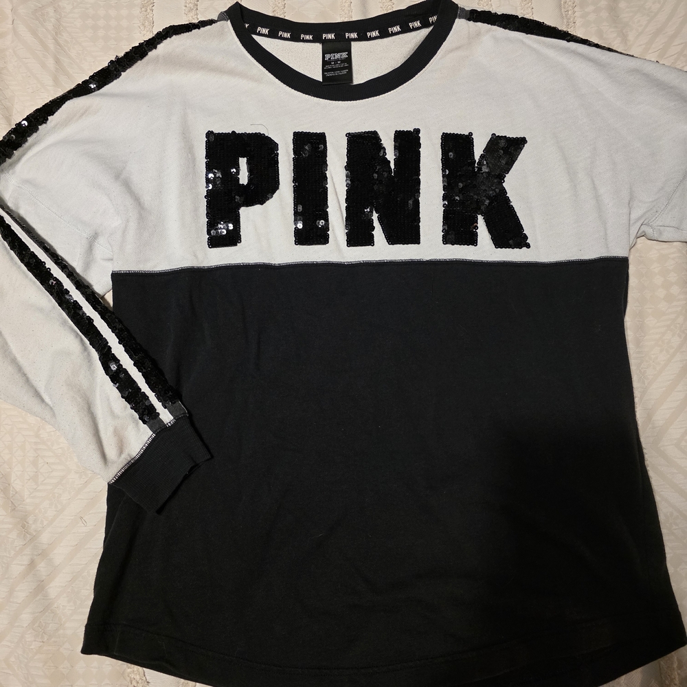 PINK Victoria's Secret Women Sequin Black and White Top - Medium